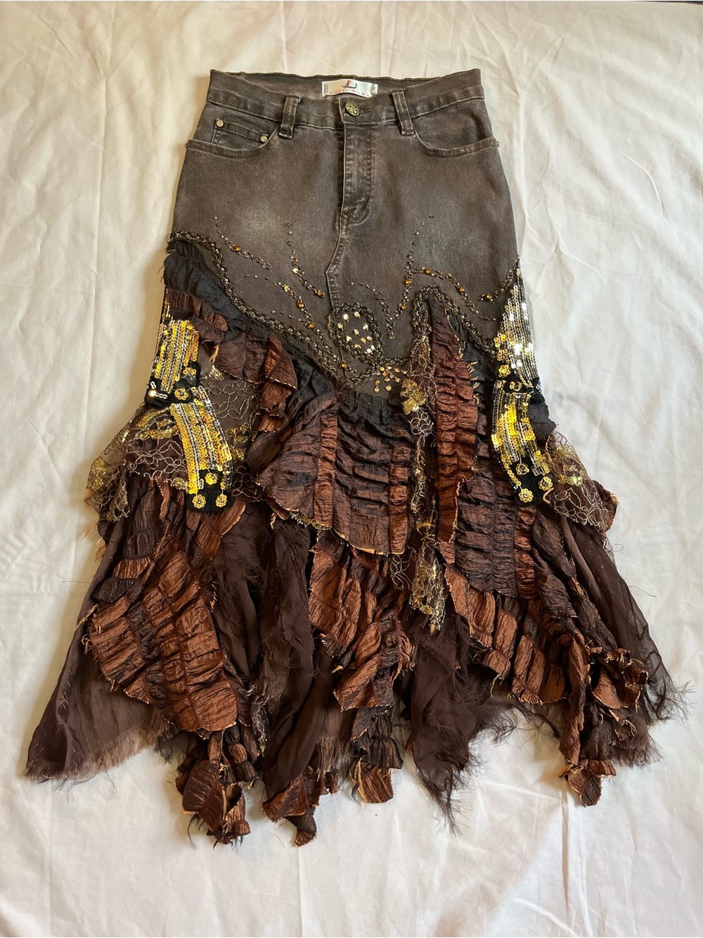 Embellished Brown Ruffled Midi Skirt with Gold Sequin Detail